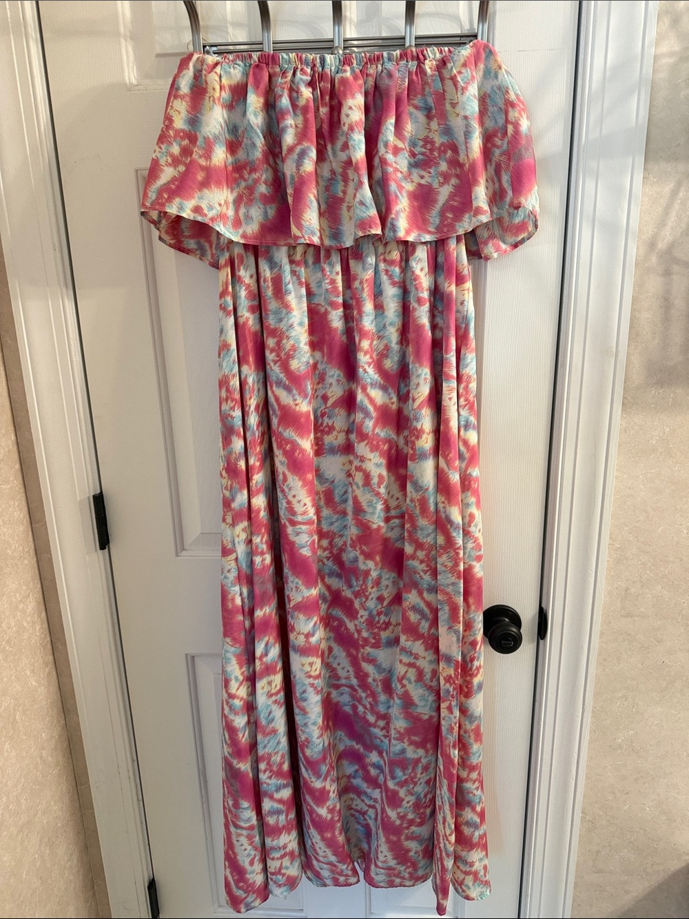 Off-Shoulder Maxi Dress in Pink & Light Blue Tie-Dye